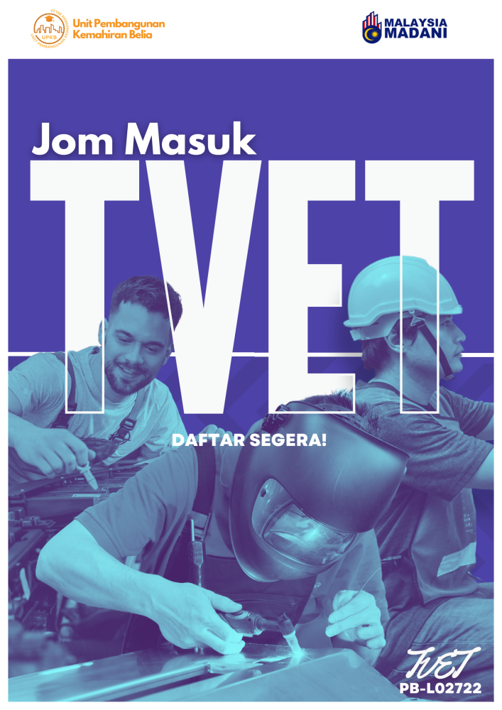 Jom Masuk TVET recruitment poster featuring people working in automotive and technical trades.