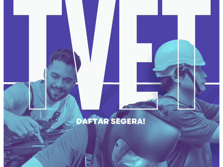Jom Masuk TVET recruitment poster featuring people working in automotive and technical trades.