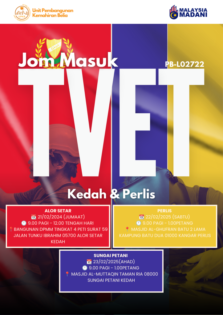 Jom Masuk TVET event poster listing recruitment sessions in Alor Setar, Perlis and Sungai Petani.