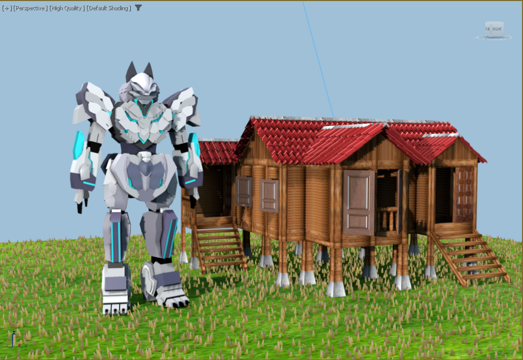 Three-dimensional software viewport showing robot and wooden-house models.
