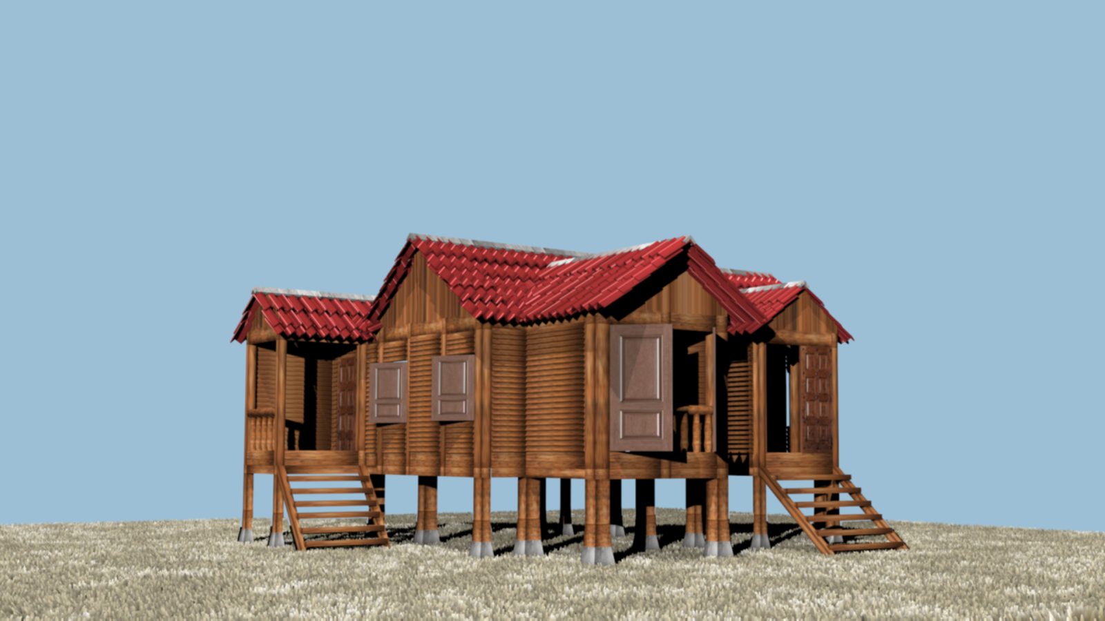 Rendered three-dimensional study of a traditional wooden house.