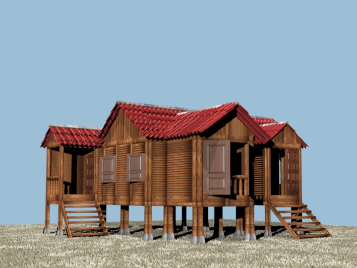 Rendered three-dimensional study of a traditional wooden house.