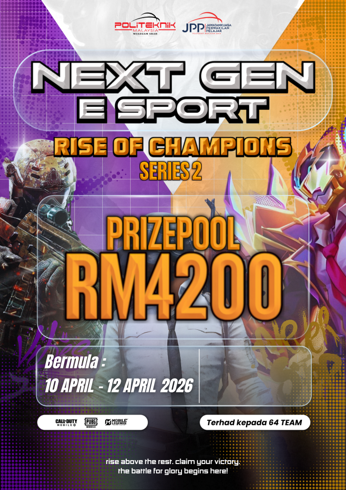 Next Gen E-Sport Rise of Champions Series 2 tournament poster with game characters, prize pool and April 2026 dates.