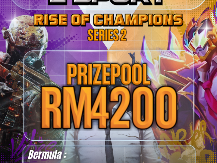 Next Gen E-Sport Rise of Champions Series 2 tournament poster with game characters, prize pool and April 2026 dates.