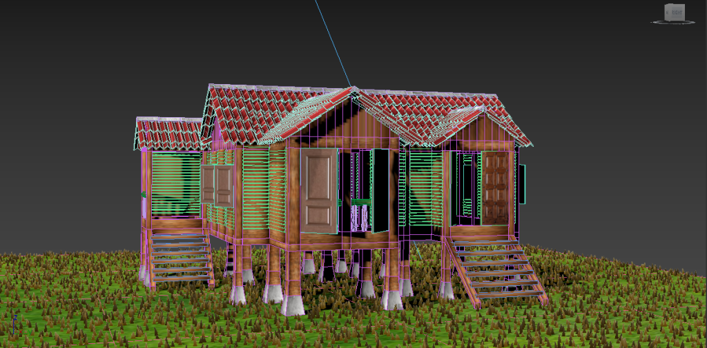 Autodesk 3ds Max viewport showing selected wireframe geometry on the traditional wooden house model.