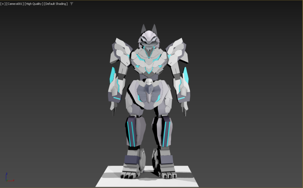 Front viewport view of a white and grey humanoid robot model with cyan illuminated details.