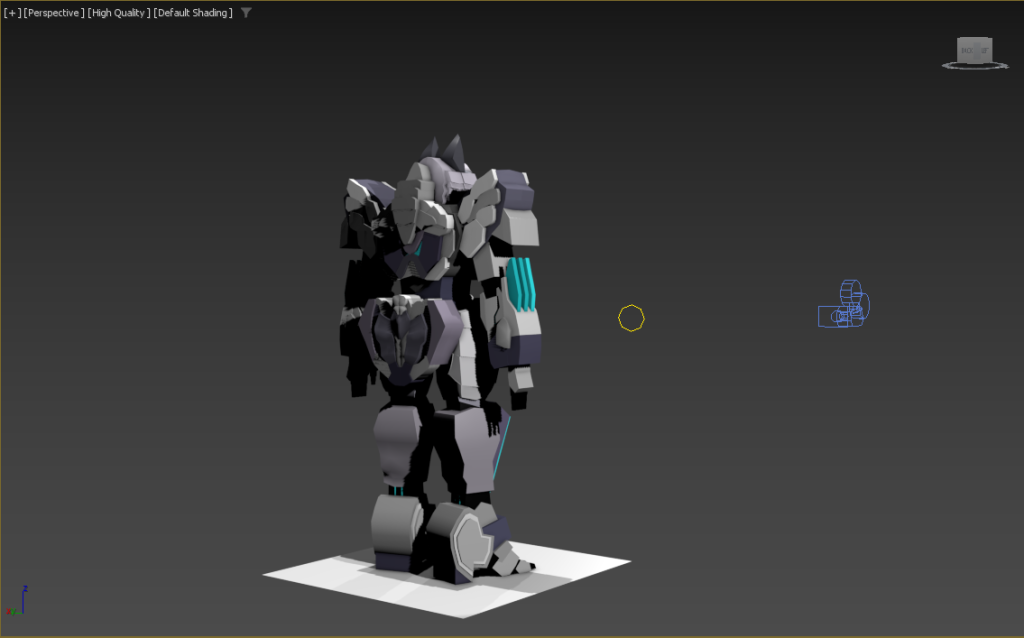 Rear three-quarter viewport view showing the layered armour and proportions of the humanoid robot model.