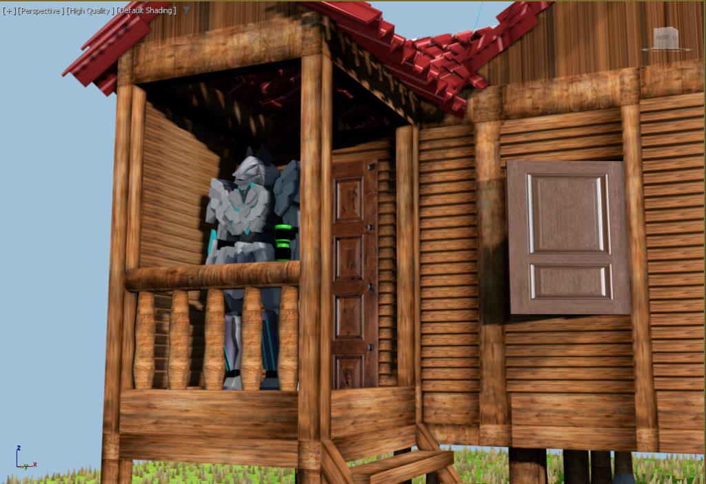 Close-up Autodesk 3ds Max viewport showing the robot standing on the veranda of the traditional wooden house model.