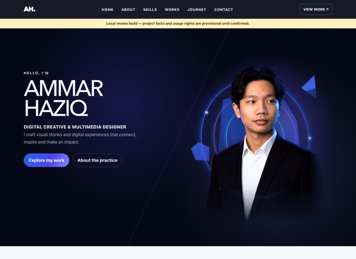 Desktop view of the Ammar Haziq portfolio homepage with dark cinematic hero, navigation and portrait composition.
