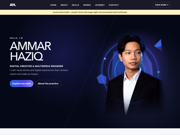 Desktop view of the Ammar Haziq portfolio homepage with dark cinematic hero, navigation and portrait composition.
