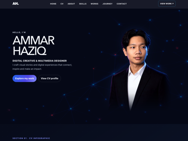 Desktop view of the live Ammar Haziq portfolio homepage with cinematic hero, navigation and portrait composition.