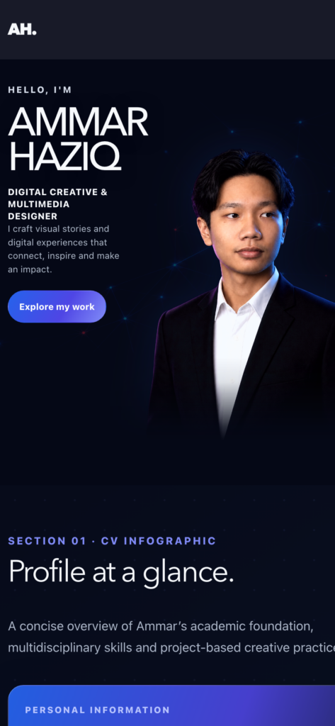 Mobile view of the live Ammar Haziq portfolio homepage with responsive hero and CV section.